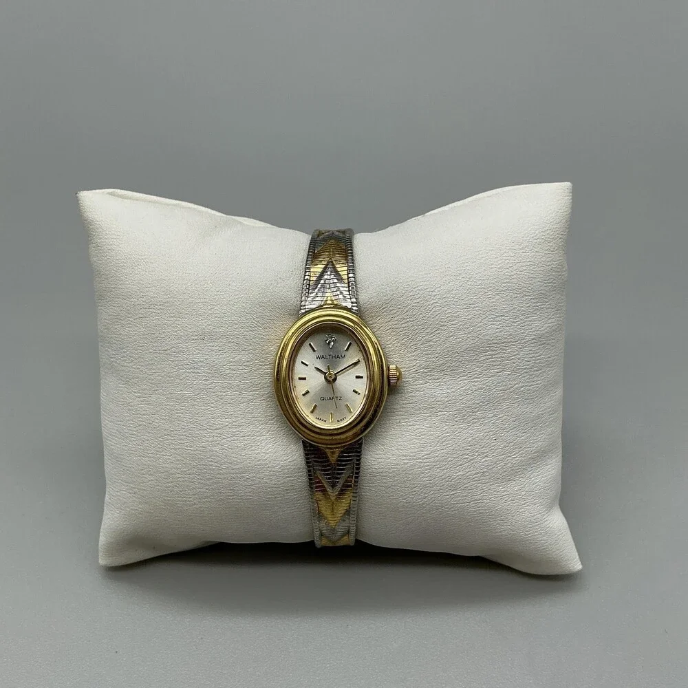 Vintage Waltham Diamond Womens Watch 18mm Silver Gold Two Tone New Battery